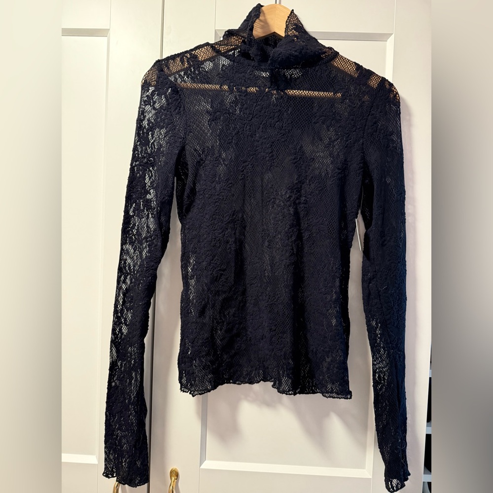 Free People Black Sheer Fitted Lace Blouse